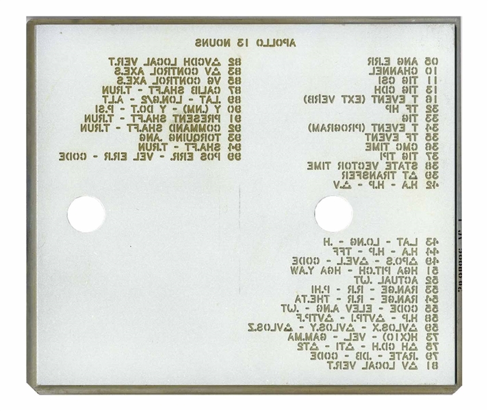 Apollo 13 ''Nouns'' Space-Flown Plate Used to Communicate With Houston Mission Control -- From the Estate of Jack Swigert